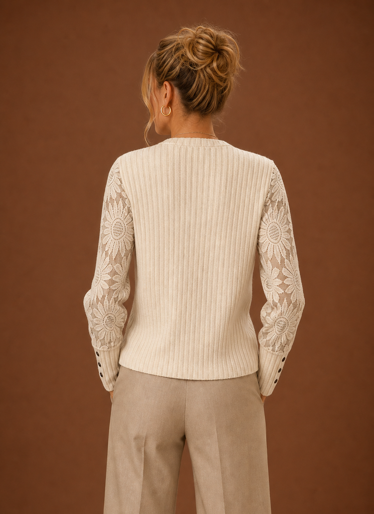 Kvinders Ribbet Strik Blonder Ærme Pullover Sweater | Areleon