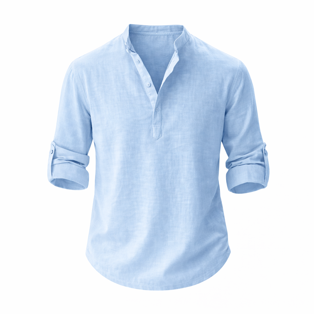 Herre Linned Skjorte Med Ståkrave Rulleærmer Casual Top