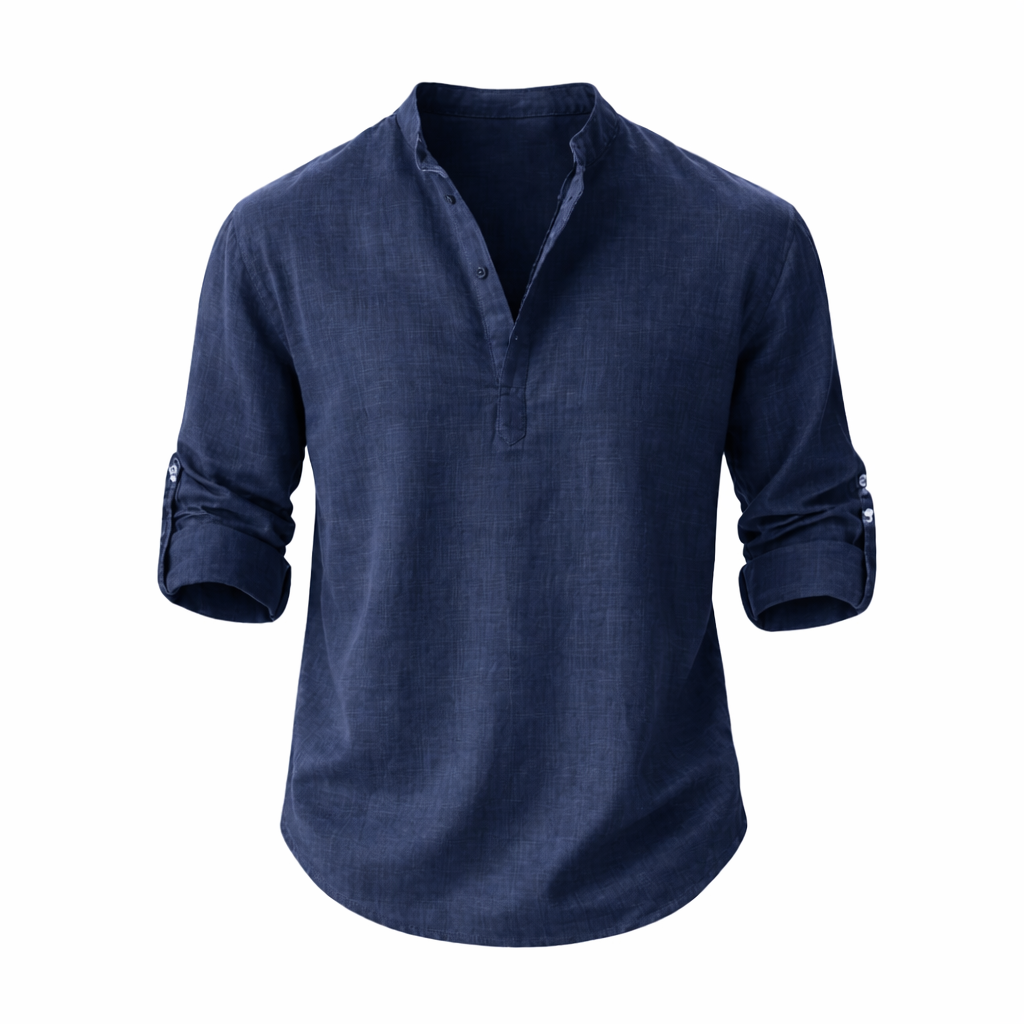 Herre Linned Skjorte Med Ståkrave Rulleærmer Casual Top