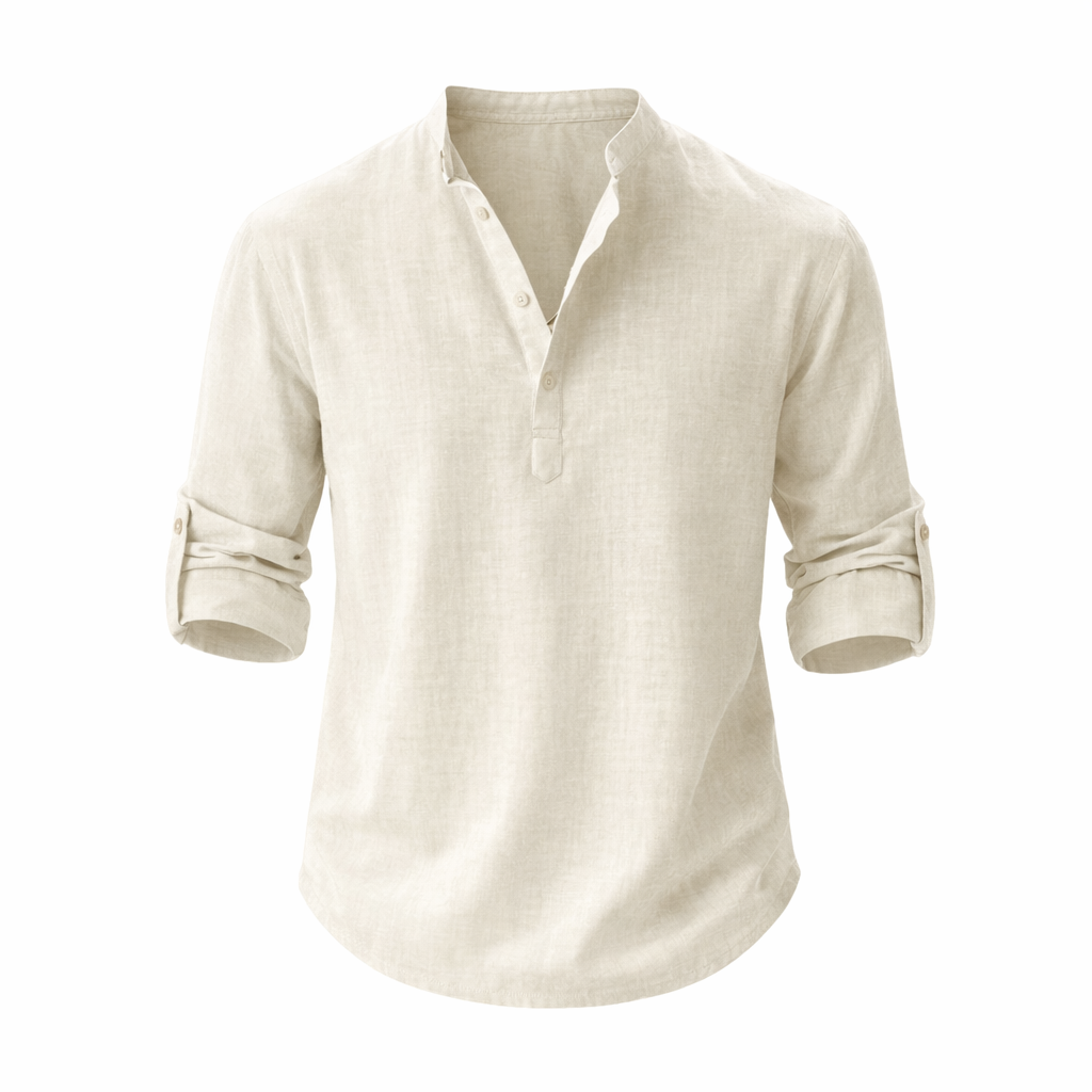 Herre Linned Skjorte Med Ståkrave Rulleærmer Casual Top