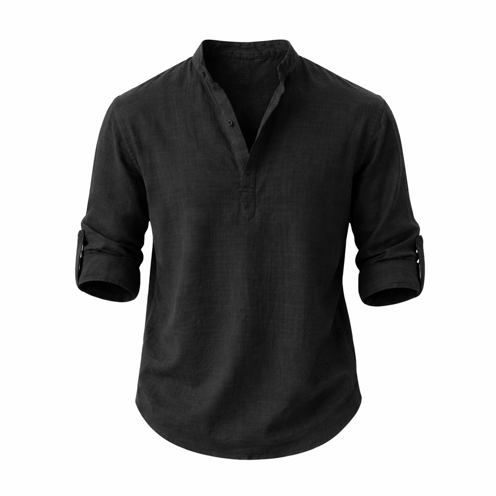 Herre Linned Skjorte Med Ståkrave Rulleærmer Casual Top