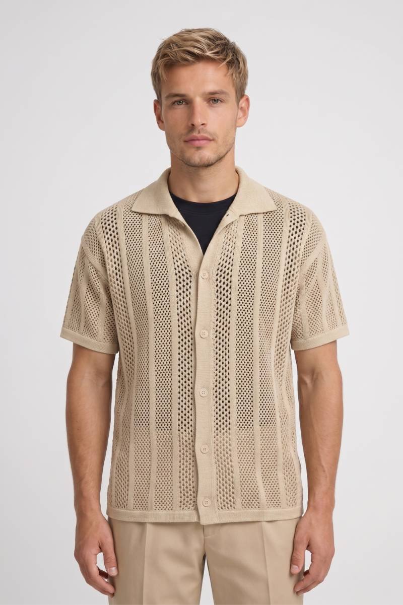 Herres Polo T-shirt med Struktureret Mesh Strik og Knapper