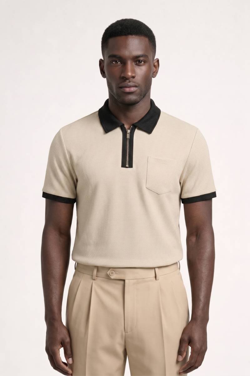 Herres textured zip polo skjorte med brystlomme