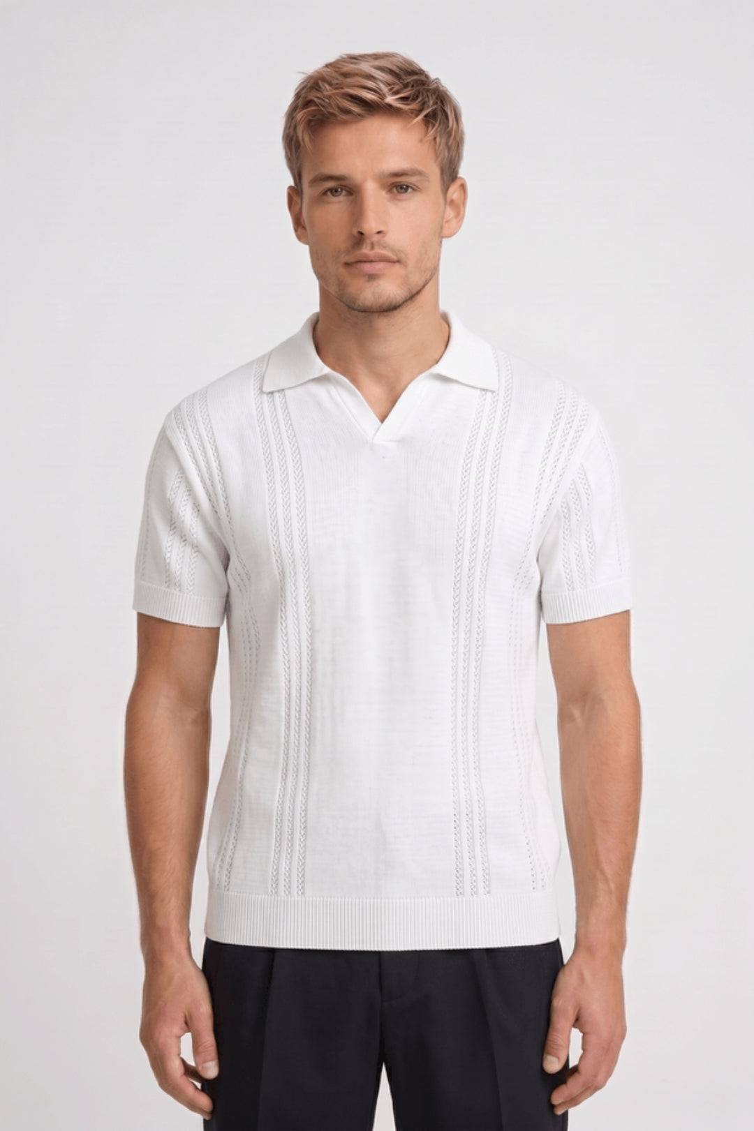 Herre Textured Knit Polo Skjorte med Åben Krave