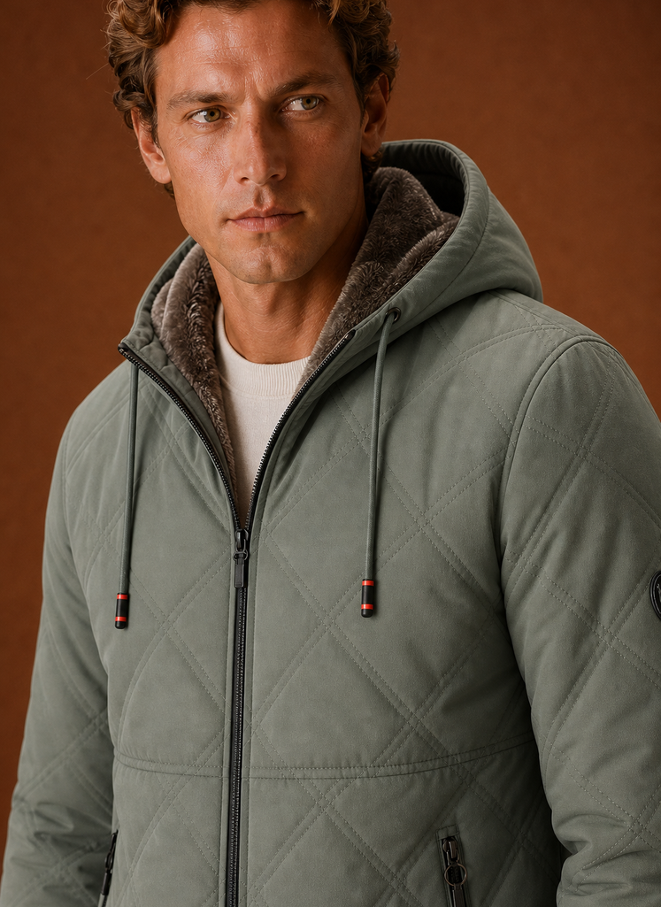 Herre Quilted Puffer Jakke - Hættefyldt Faux-Fur Foret Vinterjakke | Areleon