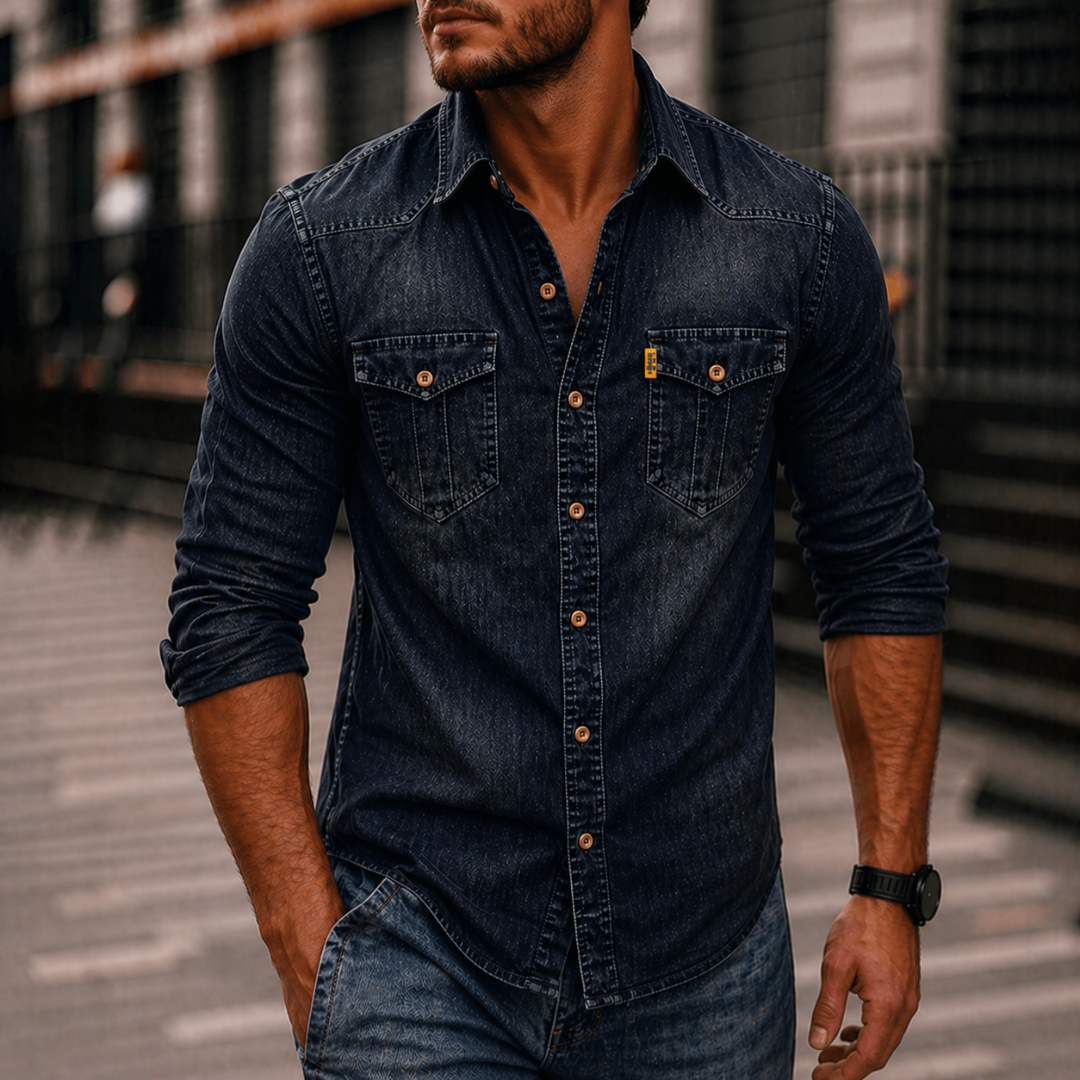 Herre Denim Langærmet Skjorte – Casual Button-Up med Brystlommer til Hverdagsbrug