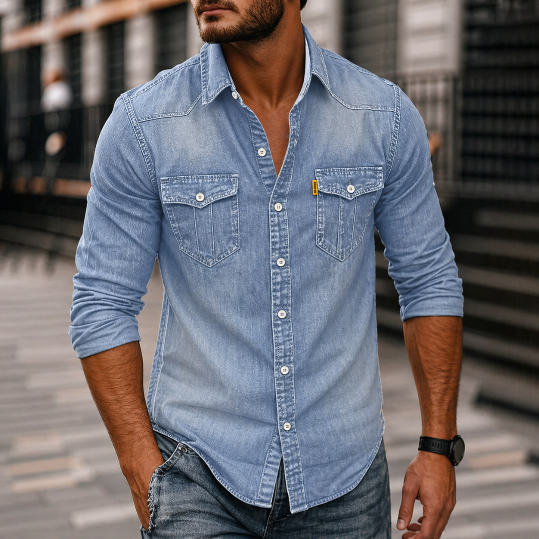 Herre Denim Langærmet Skjorte – Casual Button-Up med Brystlommer til Hverdagsbrug