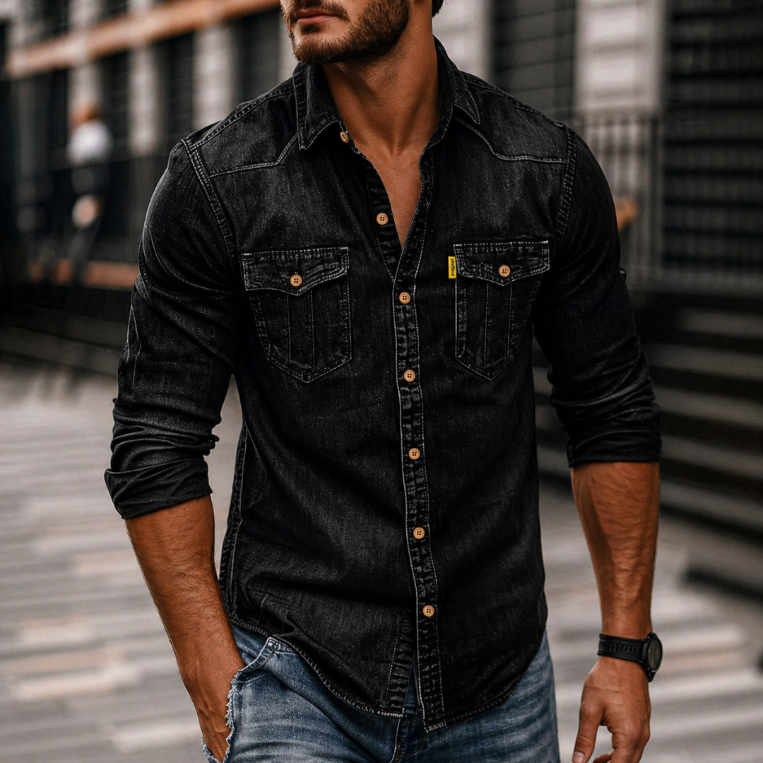 Herre Denim Langærmet Skjorte – Casual Button-Up med Brystlommer til Hverdagsbrug