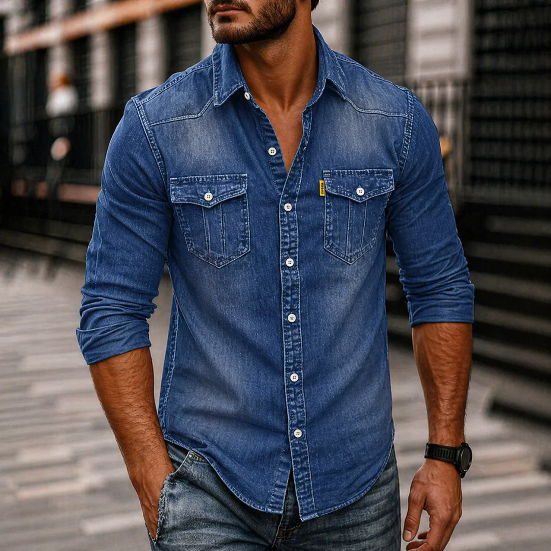 Herre Denim Langærmet Skjorte – Casual Button-Up med Brystlommer til Hverdagsbrug