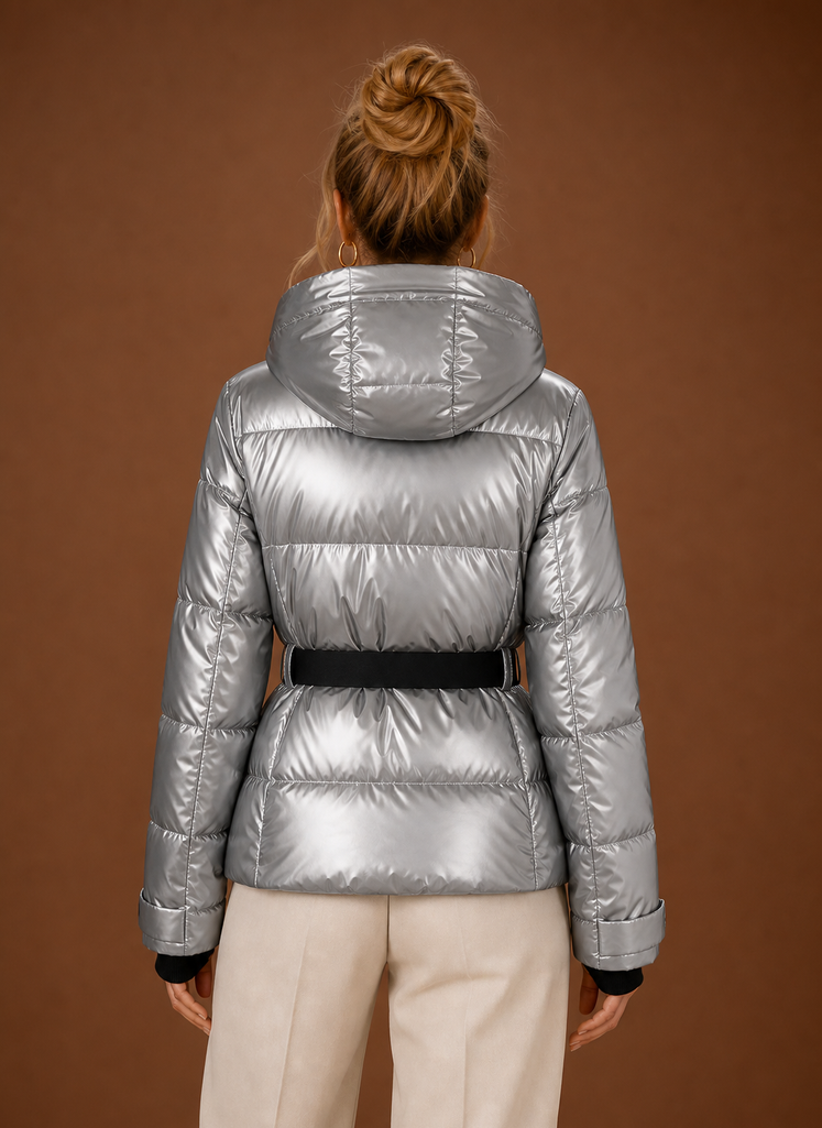 Dame Puffer Jakke - Hætte Metallic Vinterfrakke | Areleon