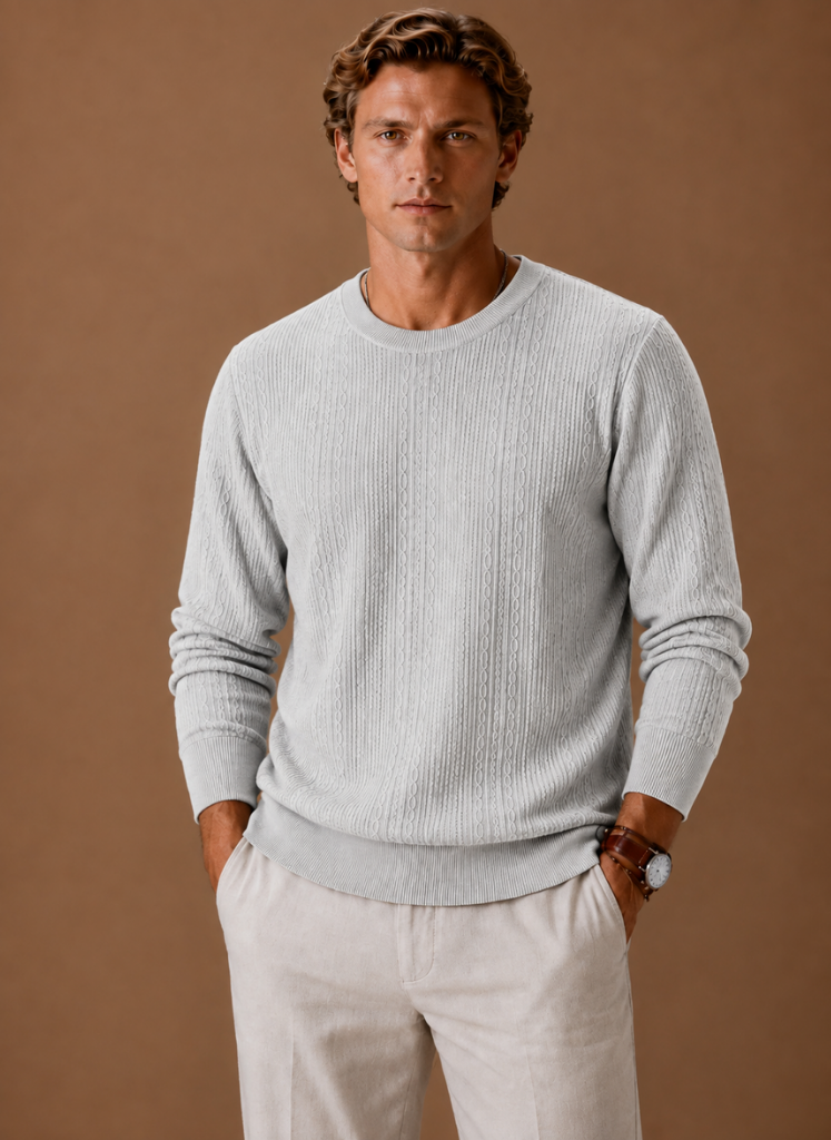 Herre Kabelstrikket Sweater – Rund Hals Tekstur Pullover | Areleon
