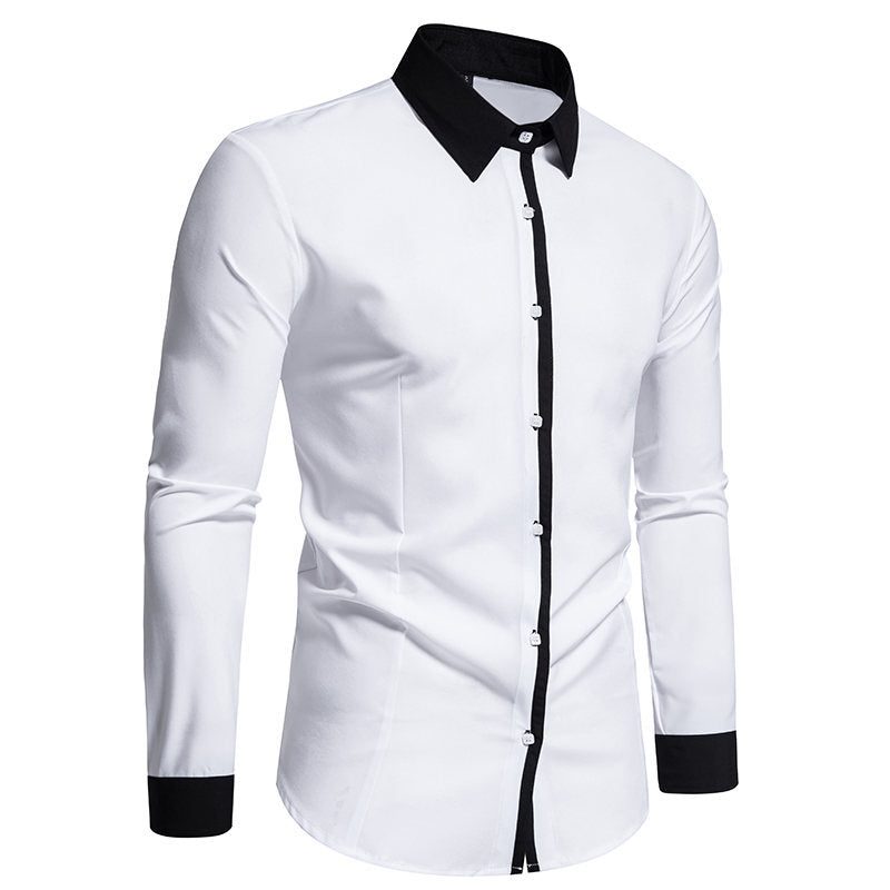Herre Contrast-Krave Knappet Skjorte – Slim-Fit Langærmet Dress Skjorte med Contrast Placket og Manchetter til Formelle Anledninger