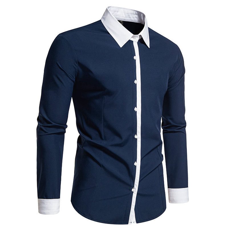 Herre Contrast-Krave Knap-Op Skjorte – Slim-Fit Langærmet Skjorte med Contrast Placket og Manchetter til Formelle Anledninger
