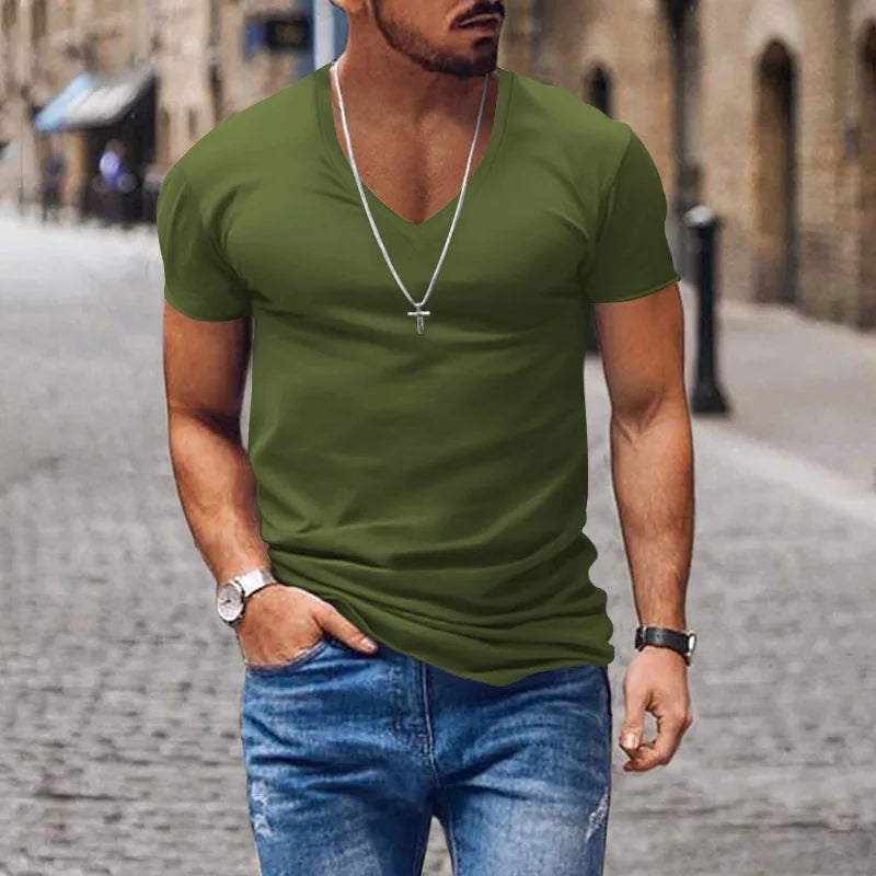 Herre Fitted V-Hals T-Shirt – Dyb Uddybning Sommer Essential til Bybrug