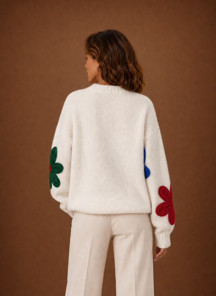Kvinders Oversized Strik Sweater - Blomstret Pullover | Areleon