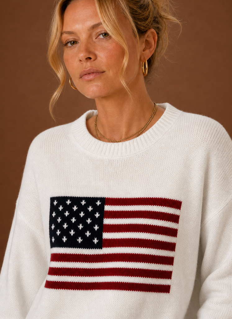 Kvinders Crew Neck Pullover - Amerikansk Flag Strik Sweater | Areleon