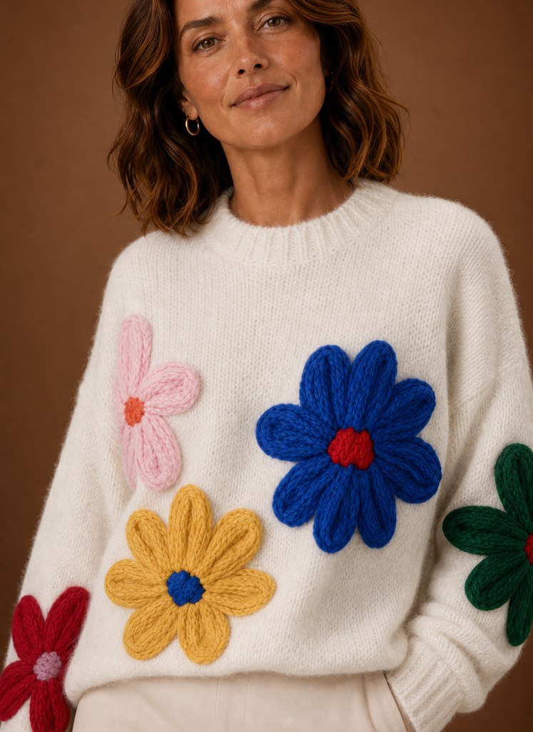 Kvinders Oversized Strik Sweater - Blomstret Pullover | Areleon