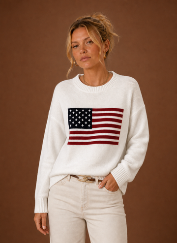 Kvinders Crew Neck Pullover - Amerikansk Flag Strik Sweater | Areleon