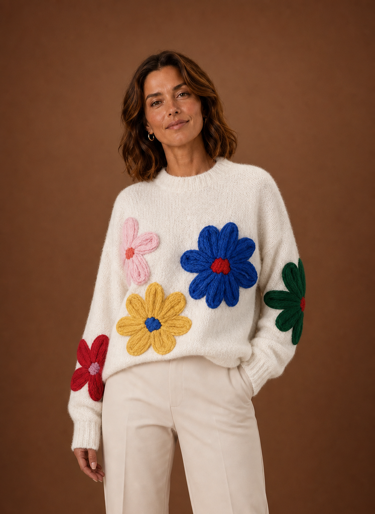 Kvinders Oversized Strik Sweater - Blomstret Pullover | Areleon