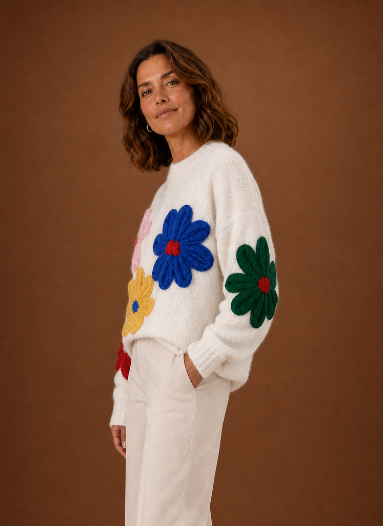 Kvinders Oversized Strik Sweater - Blomstret Pullover | Areleon