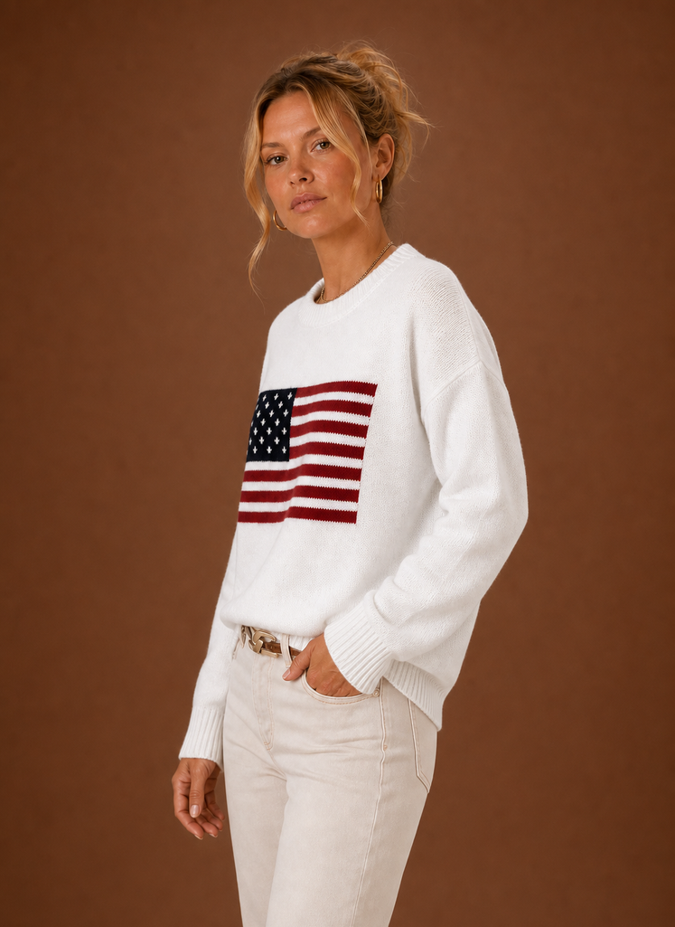 Kvinders Crew Neck Pullover - Amerikansk Flag Strik Sweater | Areleon