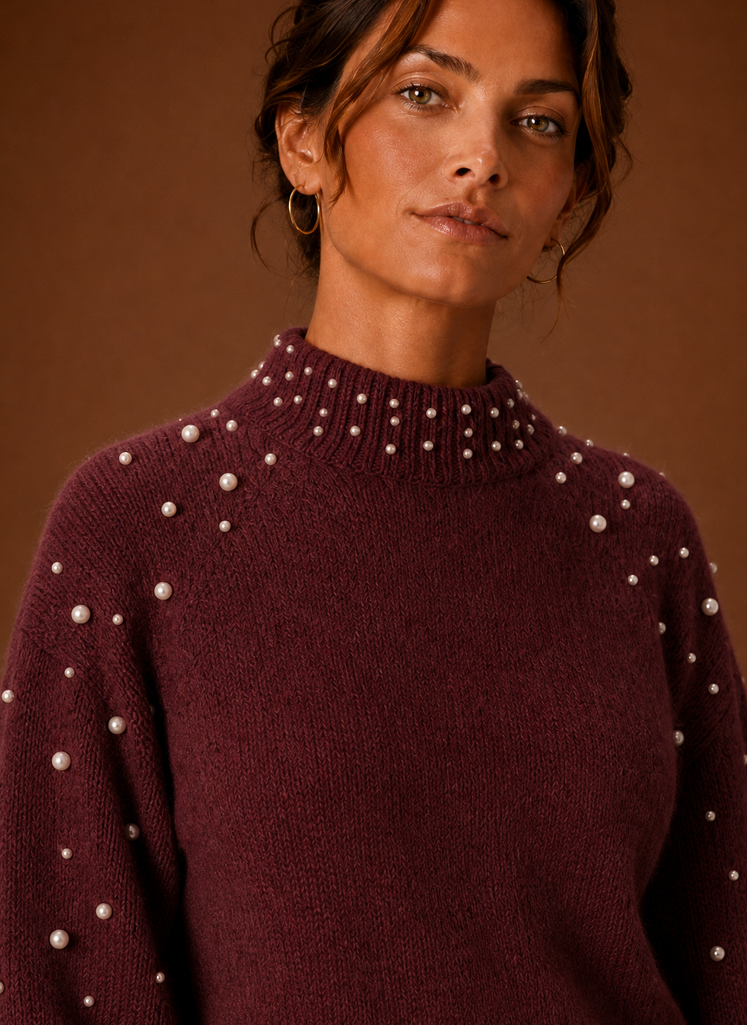 Kvinders Strikket Pullover - Perle Dekoreret Sweater | Areleon