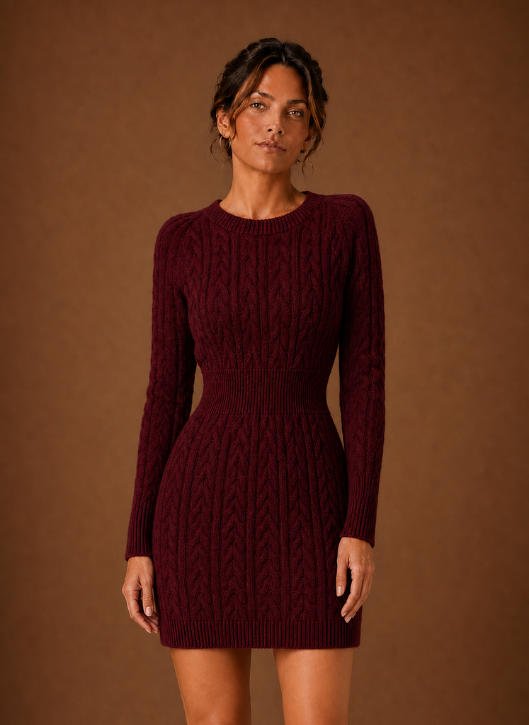 Kvinders Kabelstrik Sweater Kjole - Langærmet Mini Kjole | Areleon