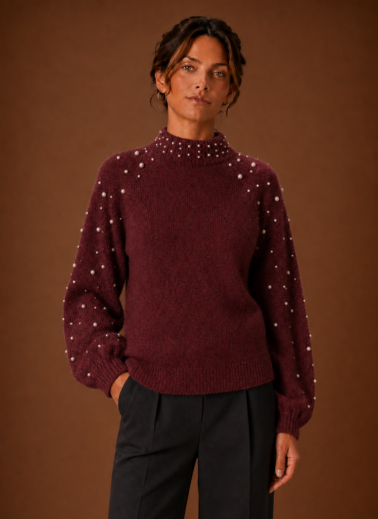 Kvinders Strikket Pullover - Perle Dekoreret Sweater | Areleon