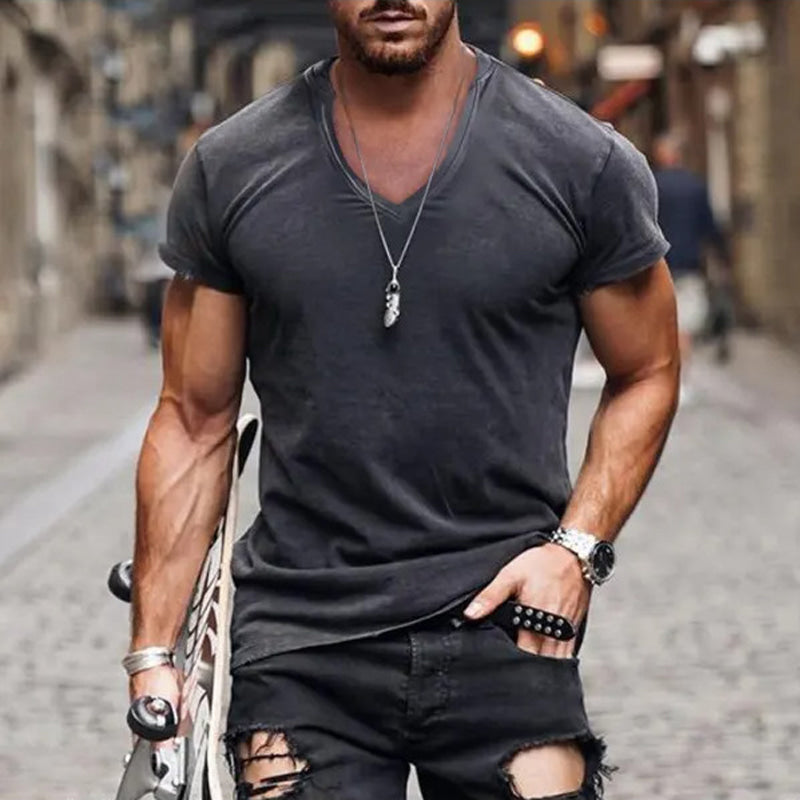 Herre Fitted V-Hals T-Shirt – Dyb Uddybning Sommer Essential til Bybrug